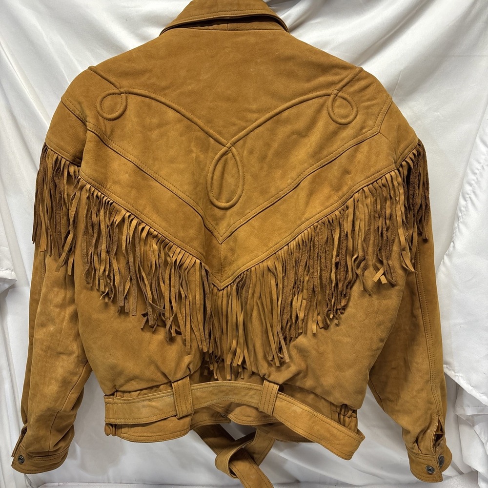 VTG 80s FIRST Western Fringe Cropped Moto Leather Jacket Womens Tan Quilted Med - Picture 2 of 9